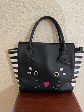 Betsey Johnson Cat Face Satchel Black White Stripe Bag Missing Crossbody Strap